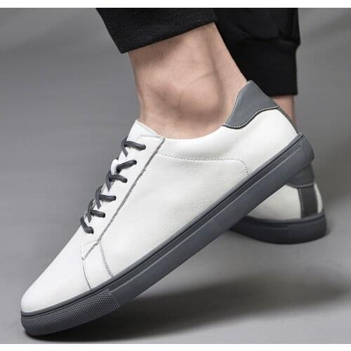 Fashion Male Lace Up Flats White Casual Shoes Mens Genuine Leather Off White Sneakers Men Lightweight Comfortable Sneakers