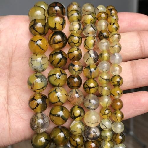 Natural Yellow Fire Dragon Black Veins Agates Round Loose Beads for Jewelry Making DIY Bracelets 15'' 6mm 8mm 10mm