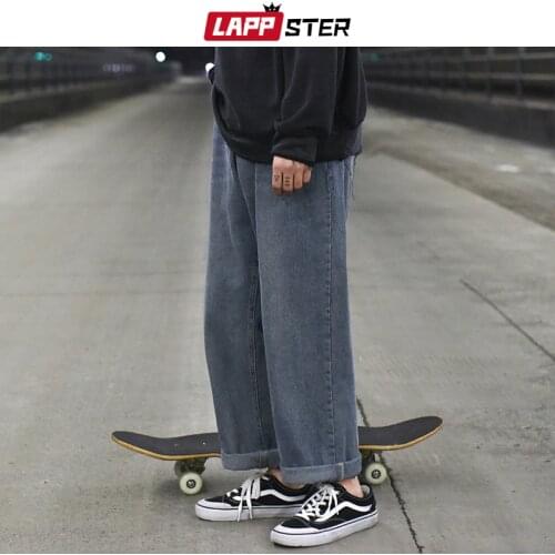 LAPPSTER Solid Blue Jeans Men 2020 Mens Korean Fashions Harem Denim Pants Male Vintage Streetwear Baggy Clothing Regular Fit