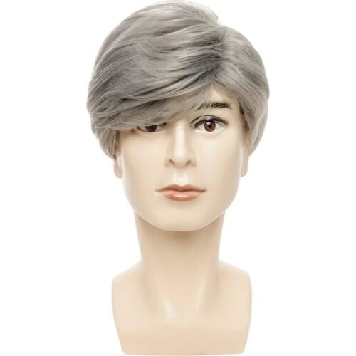 Men Grey Short Wigs Straight 10inch Side Parted Toupee for the Aged Male High Temperature Male Synthetic Hairpiece