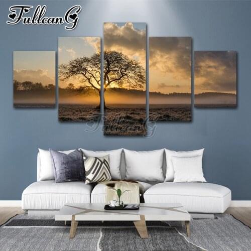 FULLCANG diy 5 piece diamond painting sunset tree full square/round drill 5d mosaic embroidery sale landscape home decor FC2195