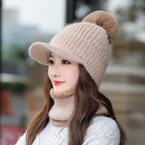 New Women Rabbit Hair Knitted Hats Scarf Gloves Set Warm Thick Skullies Hat Fur PomPoms Ski Cap Sweet Girls Winter Beanie Caps