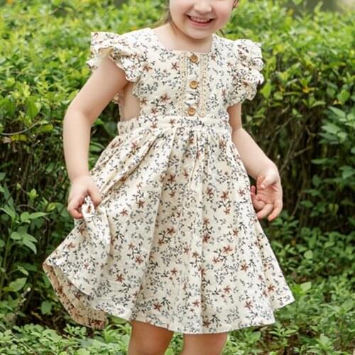 New Summer Baby Girl Dress 2-6T Floral Print A-Line Cotton Lacework Large Hemline Party Sweet Children Dresses for Home