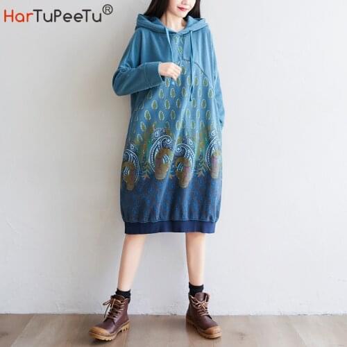 Fall Women Hoodie Dress Cotton Long Sweatshirt Vintage Print Plus Size Loose Japan Style Casual Lace-Up Hooded Pullover Tops