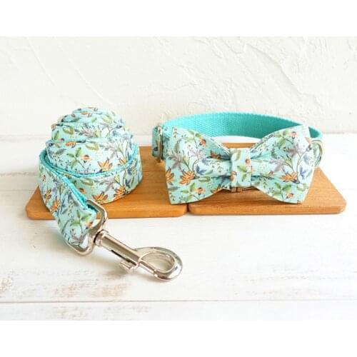 Personalized ID Dog Collar and Leash Set Turquoise Designer Pet Collar with Bow Quick Release Adjustable Dog Collar Walking Lead