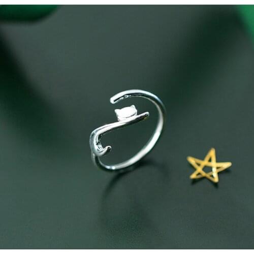 Lovely Smooth Stretching Cat Ring 925 Sterling Silver Open Adjustable Finger Rings Korean Animal Fine Jewelry Gift