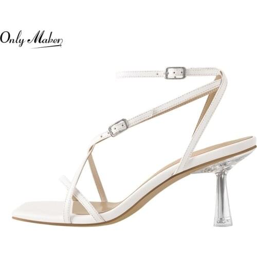 Onlymaker Med Heels Sandal Matte White Square Open Toe Ankle Buckle Cross-tied Metal Kitten Heel