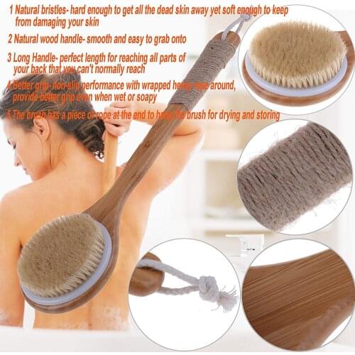 Hot Dry Skin Body Brush Bath Exfoliating Brush Natural Bristles Back Scrubber with Long Wooden Handle for Shower, Remove Dead