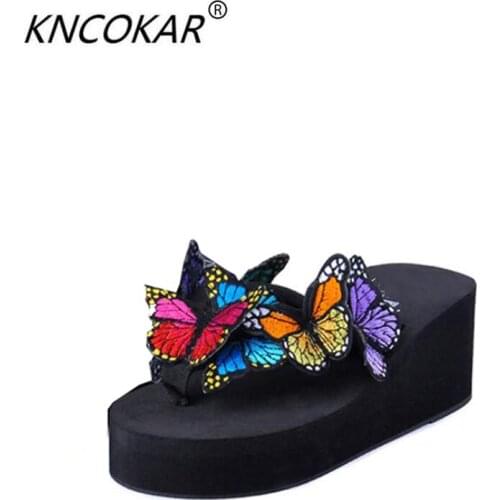 KNCOKA 2018 Summer new style ladies fashion hand butterfly comfortable slope and anti - slippery leisure beach flip-flops