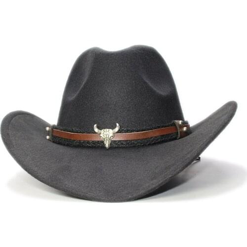 Large Plus 61cm Retro Women Men Wool Wide Brim Cowboy Western Cowgirl Hat Funeral Formal Fedora Cap Bull Head Oxhead Braid Band