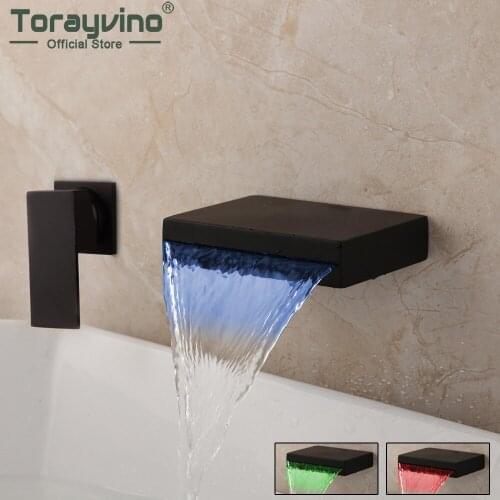 Torayvino Matte Black Waterfall Bathroom Faucet LED Changed Wall Mounted Solid Brass Bathtub Faucets Basin Sink Mixer Water Tap