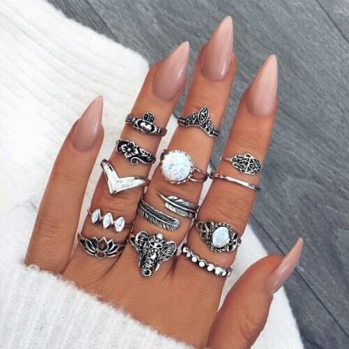 Bohemian Rings Set Vintage Boho Elephant Feather Crown Lotus Fatima Palm Gem Ring for Women Jewelry Punk Girls Party Gift