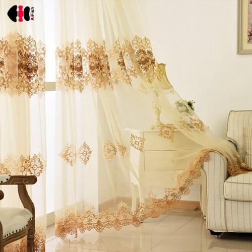 Embroidered Tulle Curtains For Living Room European Luxury Gold Floral Lace Bottom Delicate French Window Cortina Tenda wp160C