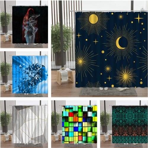 Starry Sky Geometry Shower Curtain Moon Marbling Square Block Bohemian Flower Robot Girl Broken Glass Wooden Door Bath Set Decor