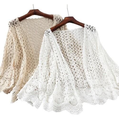 Women Crochet Blouse Summer Cardigan Long Sleeve Embroidery White Shirt Hollow Out Clothes Beach Wear Coat