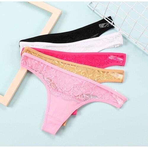 1PC Womens Sexy G-string Panties Solid Color Lace Thong Hollow Low Waist Cotton Underwear Briefs Thong Ladies Sexy Lingerie