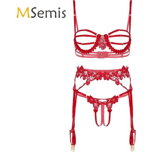 Womens Sexy Crotchless Lingerie Set Adjustable Underwire Bra with Garters Crotchless T-back Thong Lace Trim Hollow Out Underwear