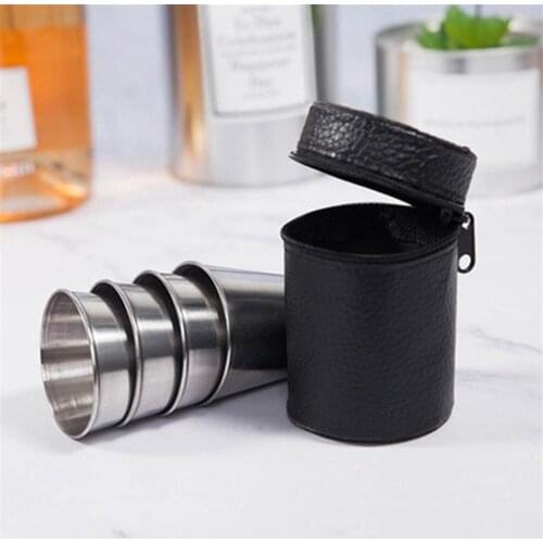 4 Pcs/Set 30ML Outdoor Mini Stainless Steel Coffee Mug Wine Glasses Drink Cup Practical Portable Wine Drinkware Set Leather Bag