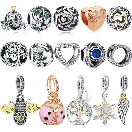 ELESHE Authentic 925 Sterling Silver Ladybug Bee Crown Gold Love Heart Beads Fit Original Charms Bracelet DIY Jewelry Making