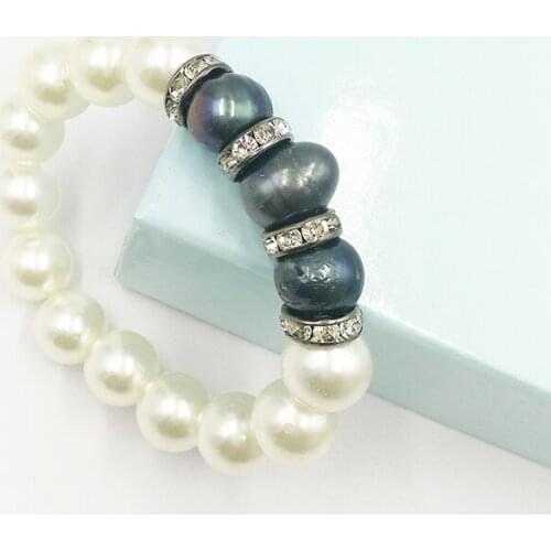Natural Freshwater Pearl Bracelets Bangles for Women with Black Clay Zircon Ball Elasticity Baroque Jewelry Gift