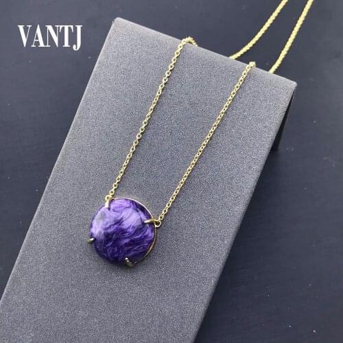 Elegant Real Natural Charoite Pendant Sterling Gemstone Necklace Gold Round 20mm for Women Lady Jewelry Wedding Party Gift