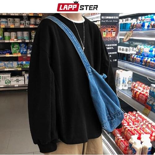 LAPPSTER Men Harajuku Oversized Graphic T Shirts 2020 Mens Streetwear Hip Hop Solid Long Sleeve Tshirts 5 Colors Tops Tees 5XL
