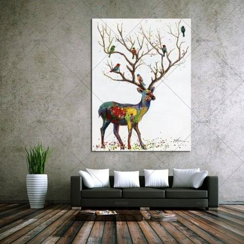 Hnadmade deer pictures paintings 100% hand painted canvas cartoon animal oil paintings Colorful deer for living room or bedroom