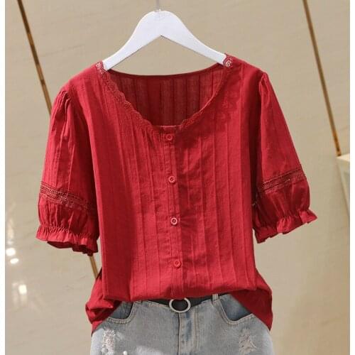 Lace Patchwork Solid Women Shirts Summer New Design 2021 V-Neck Short-Sleeved Slim Elegant Office Lady Pulls Outwear Tops