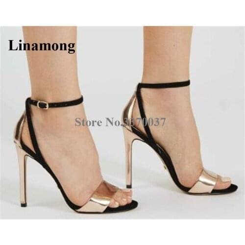 Linamong Brand Fashion Open Toe Black Gold Patchwork Stiletto Heel Sandals Ankle Strap High Heel Sandals Dress Shoes