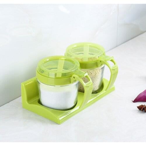 Kitchen Multi-function Condiment Bottle, Glass Seasoning Bottle Two Grid With Base Pot Set