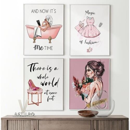 Fashion Style Watercolor Print Poster Beautiful Girl Party Dress Canvas Illustration Painting Decor Shower Room Wall Picture