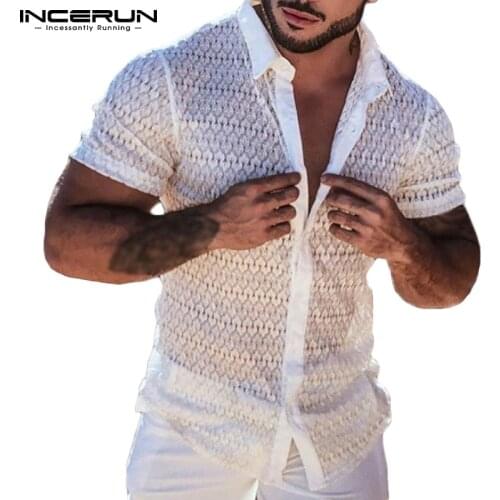 2021 Men Mesh Shirt Lace Lapel Short Sleeve See Through Casual Tops Sexy Streetwear Party Nightclub Shirts Camisas S-5XL INCERUN