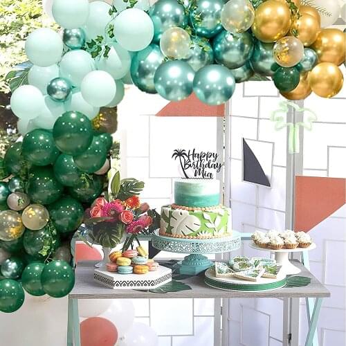 Green Gold Party Balloons Set Jungle Safari Balloon Garland with Artificial Leaf Garland for Birthday Tropical Party Decoration