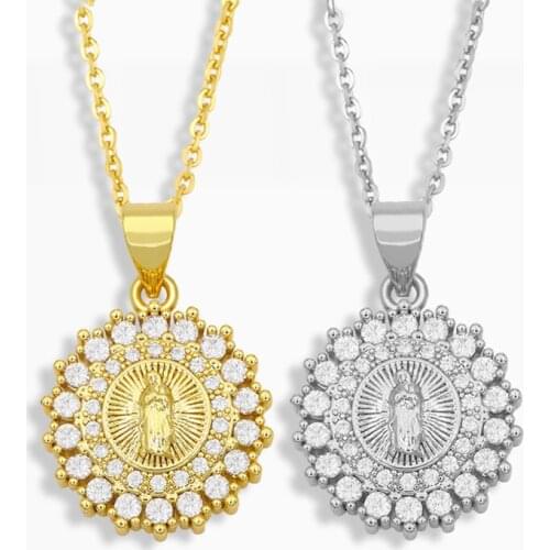 Coin Virgin Mary Necklace For Women Gold Plated Disc Pendant Necklace Cubic Zirconia Religion Jewelry virgen de guadalupe nket91