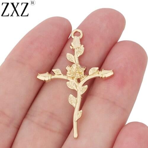 ZXZ 10pcs Gold Tone Rose Flower Cross Crucifix Charms Pendants for Necklace Jewelry Making Findings 43x28mm