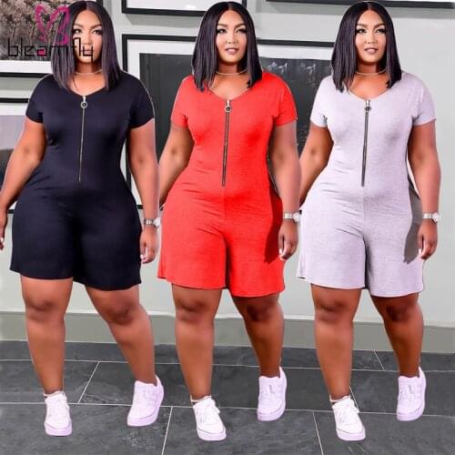 Plus Size Casual Loose Zipper Up One-piece Jumpsuit Women Fitness Short Rompers Elegant Party Playsuit Summer Outfits 4XL 3XL