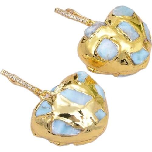 GG Jewelry Natural Blue Larimars Chips Heart Shaped Yellow Gold color Plated Dangle LeverBack Earrings For Women