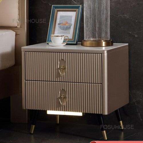 Light Luxury Bedside Table Rock Board Postmodern Simple Home Nightstand Minimalist Bedroom Furniture Intelligent Side Cabinets