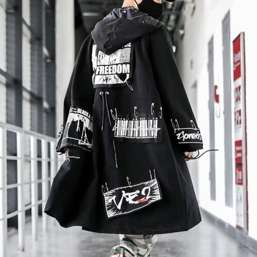 Mens Long Loose Oversize Trench Coat Black Letters Pattern Single Breasted Hip-hop Style Plus Size M35