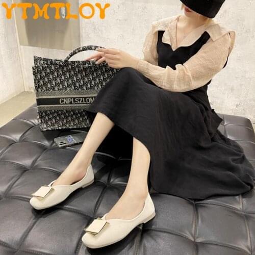 Flat Square Toe Single Shoes Women Shallow Mouth Flat Heel Square Buckle Peas Shoes All-match Soft Sole Mother Shoes Comfortable