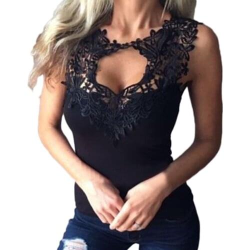 UZZDSS Summer S-3XL Women Sexy Sleeveless T-Shirts Lace Crochet Hollow Out Fitness Tees Tops Casual Vest Shirts Plus Size Blusas