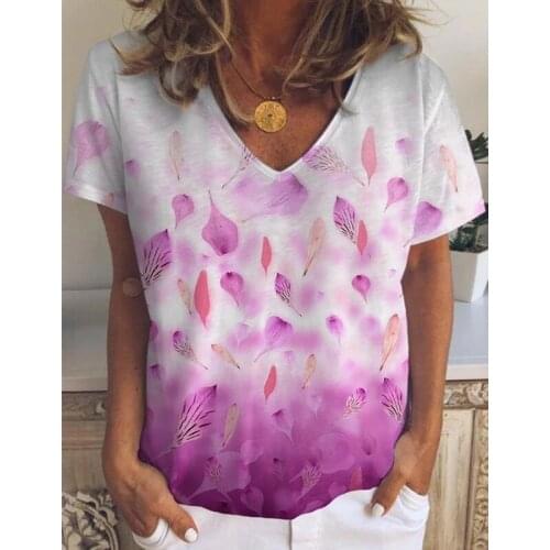 Leaf Flower Printing Casual Loose V-Neck Short-Sleeved T-Shirt Female Summer T-Shirts Womens Clothing With Free Shipping Outfit