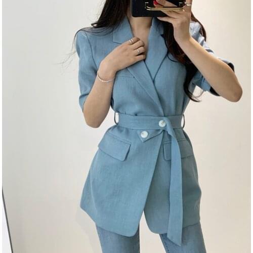 QOERLIN Fashion Slim Collected Waisted Blazers Women Elegant Office Lady Solid Notched Belt Jacket Women Summer New Suit Ladies
