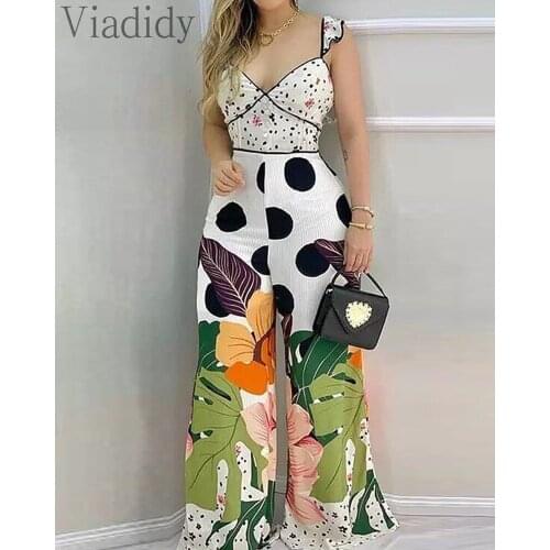 Women Casual Deep V Neck Ruffles Design Open Back Wide Leg Print Jumpsuit