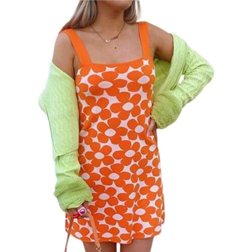 Women Summer Knit Skirt Flower Wide Shoulder Strap Square Neck Sleeveless Slip Dress for Girls, Orange/Yellow