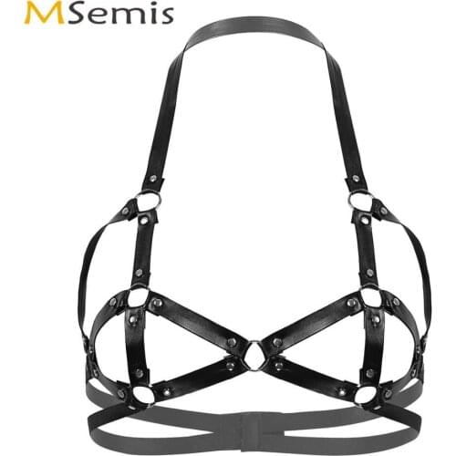 Womens Faux Leather Lingerie Clubwear Gothic Punk Rivets Caged Bra Erotic Hollow Out Bondage Strappy Bralette Sexy Pole Costume