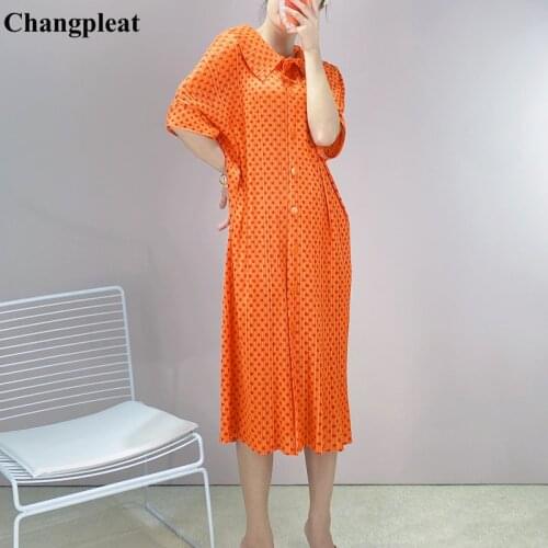 Changpleat 2021 New Miyak Pleated dresses for women Fashion Single-breasted Short sleeve Loose plus size Polka dot dress Tide