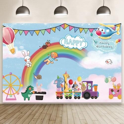 Animal Train Rainbow Bunting Photography Backdrops Table Decor Child Birthday Party Cartoon Custom Photo Background Vinyl Banner