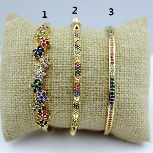 5pcs Multicolor cubic zirconia micro pave charm bangle,colorful cz plating adjustable bangle,fashion cz jewelry wholesale