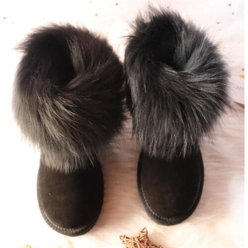 2020 Fox Fur Womens Boots Genuine Leather Woman Snow Boots Casual Winter Shoes Woman Leather Snow BootsFAnkle Woman Snow Boots